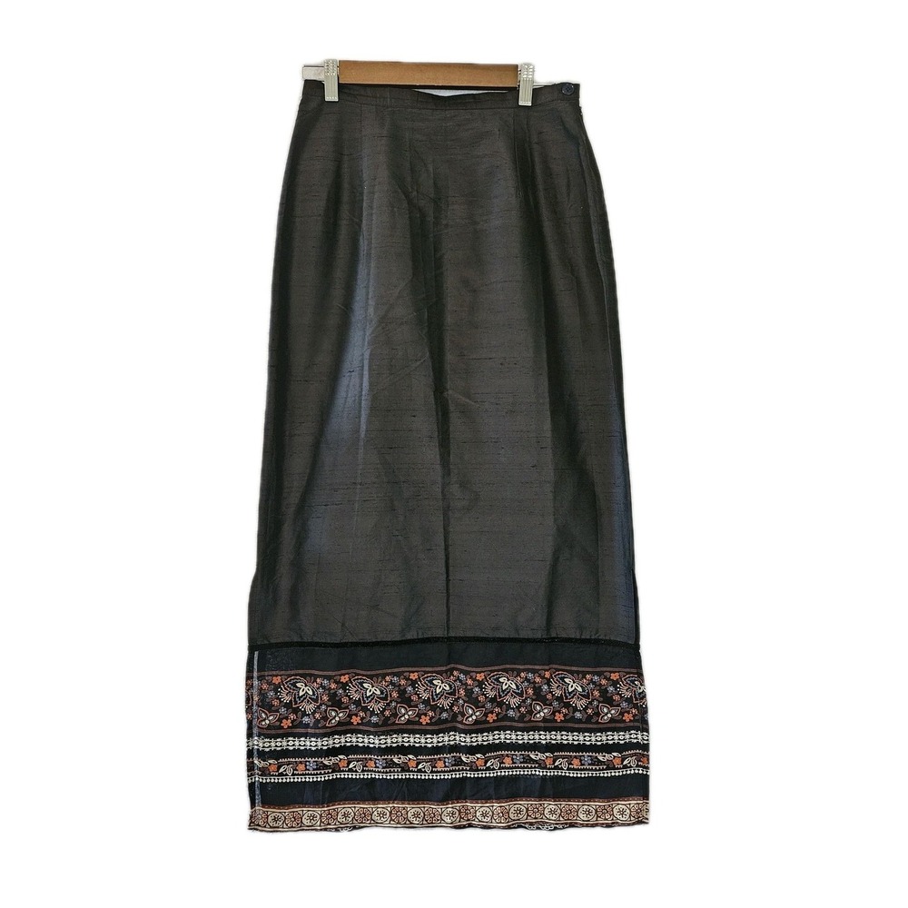 Vintage Y2k Skirt Womens 10 Black Silk Maxi Germany Embroidery Boho Floral USA